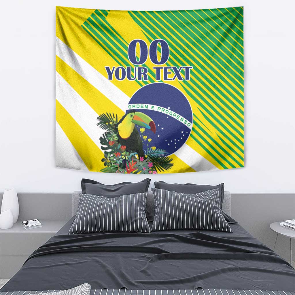 Brazil-themed wall tapestry with toucan, green-yellow stripes and blue emblem