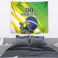 Brazil-themed wall tapestry with toucan, green-yellow stripes and blue emblem
