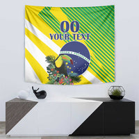 Brazil-themed tapestry with toucan, green-yellow striped design and blue circle badge