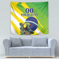 Brazil-themed tapestry with toucan artwork, green-yellow stripes and blue emblem