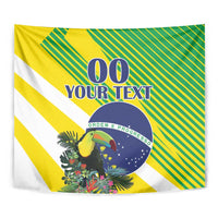 Brazil-themed tapestry close-up with toucan, green-yellow stripes and blue circular badge
