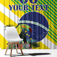 Close-up window curtain with Brazil emblem colors, toucan, and blue 'YOUR TEXT' text.