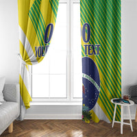 Window curtain with Brazil diagonal stripes and blue oval 'YOUR TEXT' design.