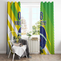 Two-panel window curtain with Brazil colors, toucan details, and blue 'YOUR TEXT'.