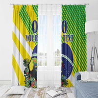 Window curtain set with Brazil flag style stripes, toucan illustration, and blue 'YOUR TEXT'.