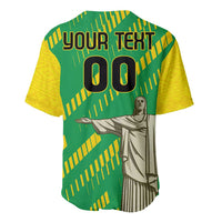 Brazil-themed baseball jersey back, green/yellow stripes with 'YOUR TEXT' and Christ statue