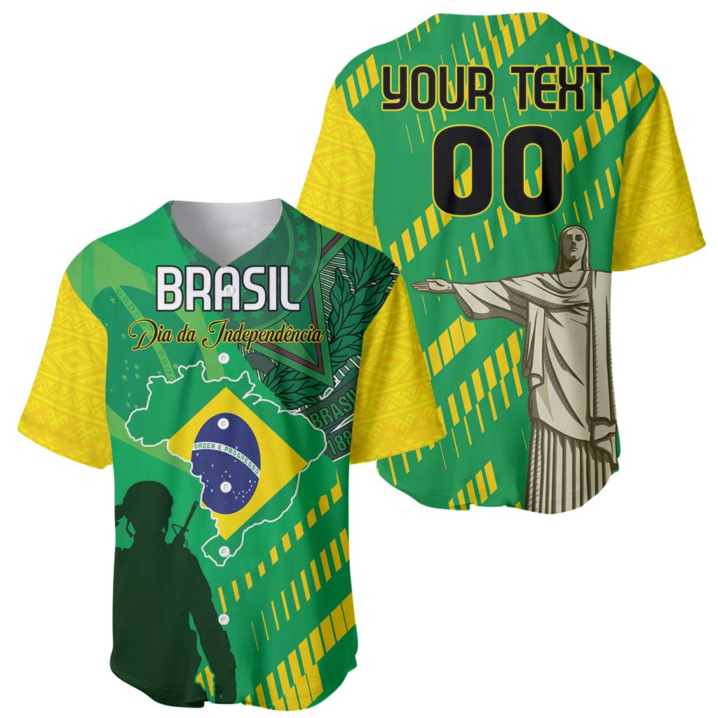 Brazil-themed baseball jersey set, front with Brasil graphic and back with 'YOUR TEXT' art