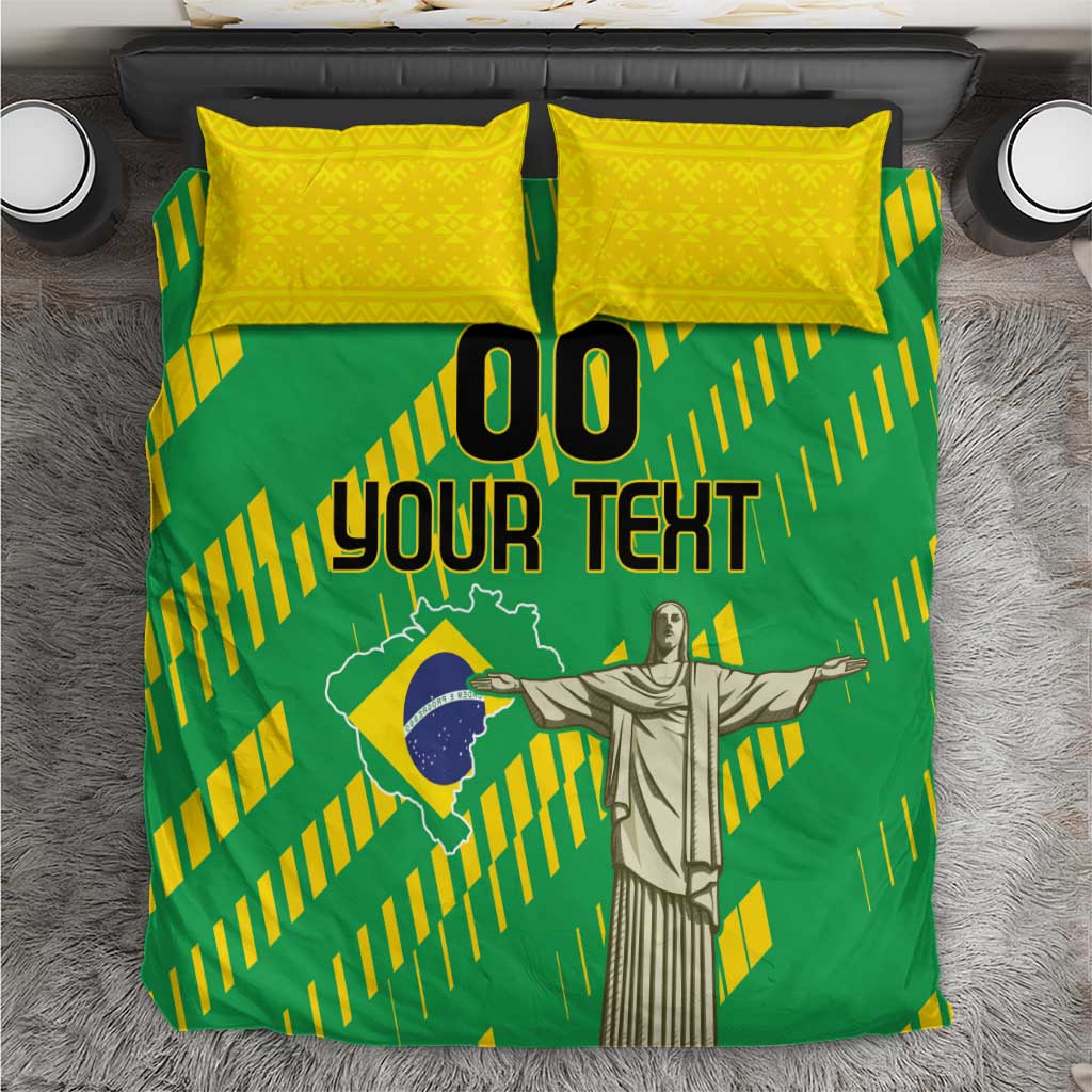 Close view of green and yellow bedding set with custom text, Brazil map graphic, and yellow pillows
