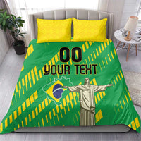 Green and yellow Brazil flag style bedding set with custom text, matching yellow pillowcases, and full cover