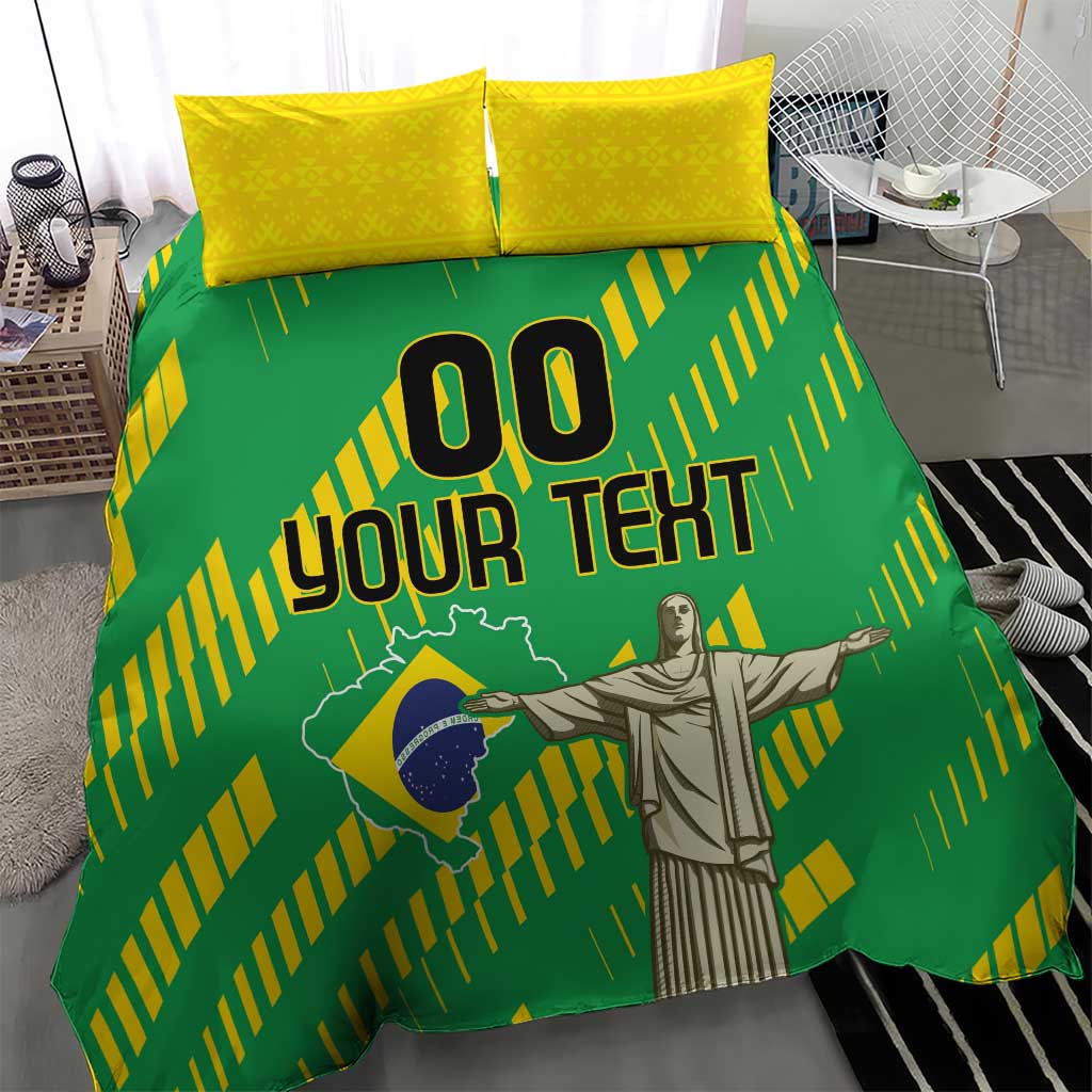 Green and yellow bedding set with Brazil-themed artwork and custom text, paired with yellow pillows