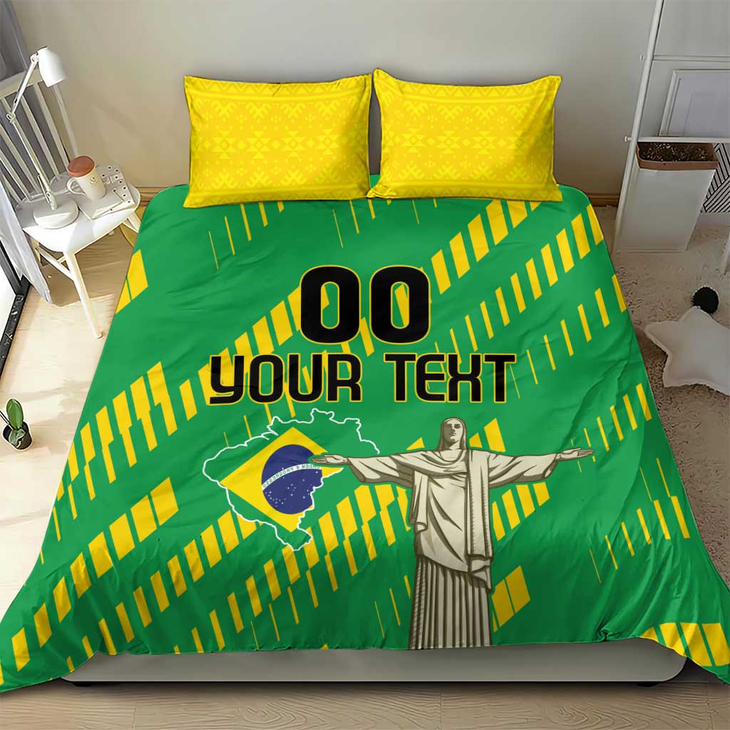 Brazil-themed green and yellow bedding set with custom text design and two yellow accent pillows