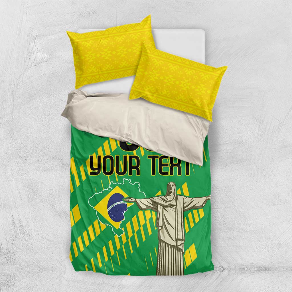 Brazil flag style bedding set with green, yellow, and custom text design and pillows