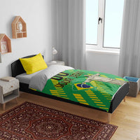 Green and yellow Brazil flag style bedding set with custom text and matching yellow pillows