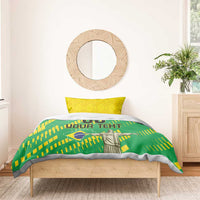 Brazil flag style bedding set with green/yellow graphic, custom text, and yellow pillowcases