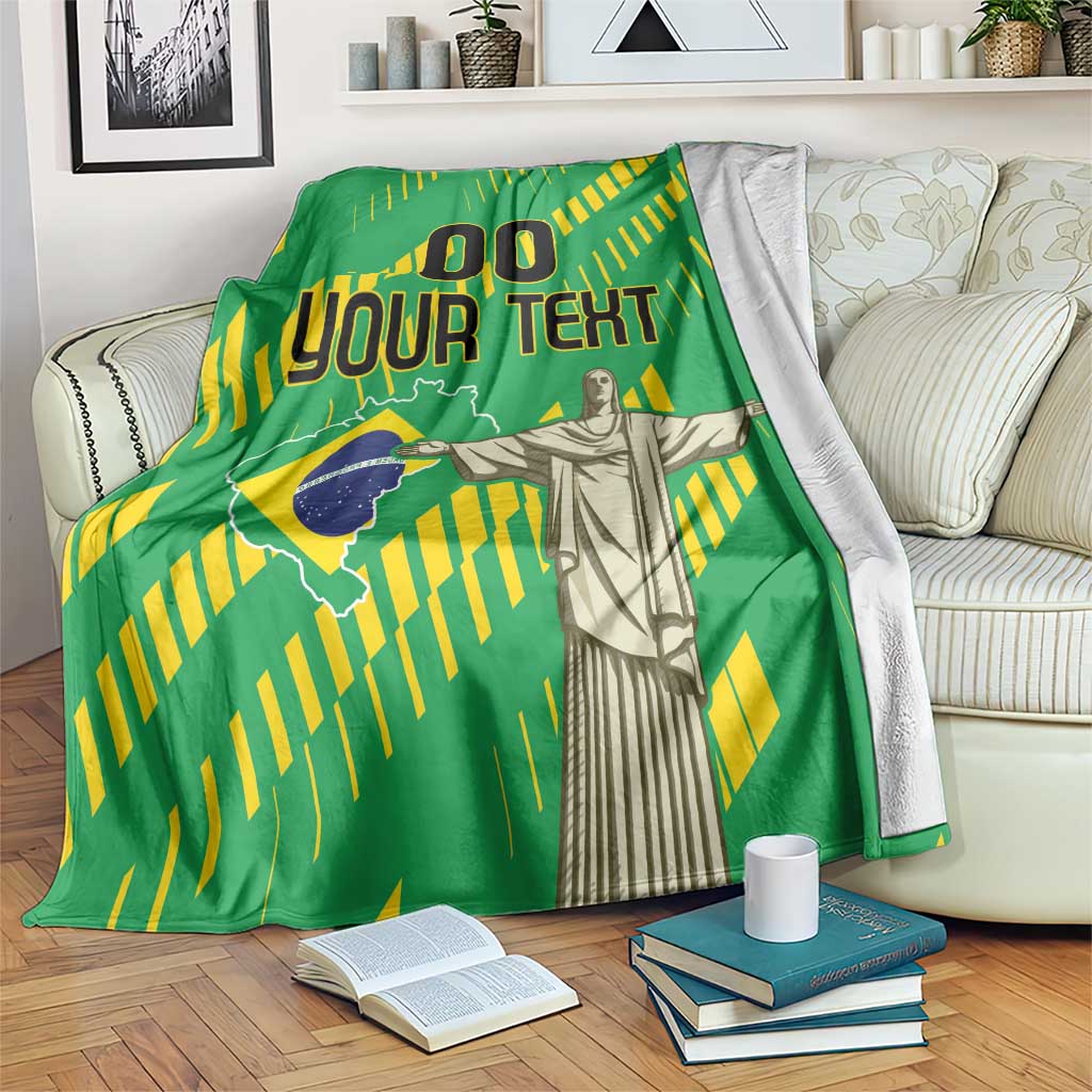 Green Independence Day blanket draped on couch with statue, Brazil map, and “YOUR TEXT”