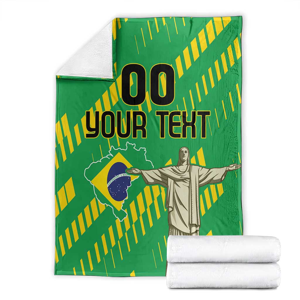 Green blanket showing “YOUR TEXT” headline, statue figure, and yellow striped rays