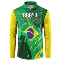 Green and yellow button sweatshirt with Brasil logo and map crest, long sleeves