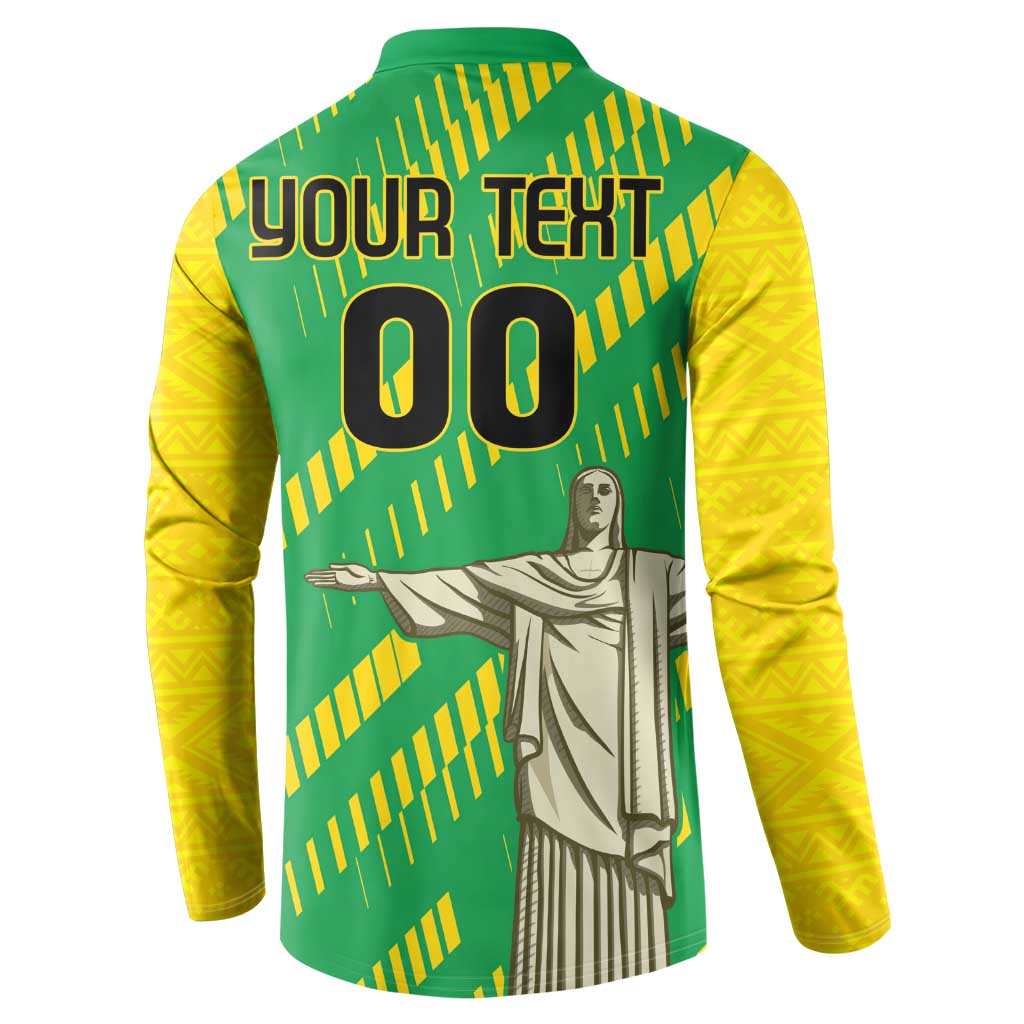 Green and yellow button sweatshirt back with YOUR TEXT, 00, and Cristo statue