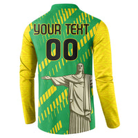 Green and yellow button sweatshirt back with YOUR TEXT, 00, and Cristo statue