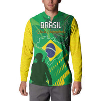 Green and yellow Brazil button sweatshirt on model, with Brasil logo and Independence text