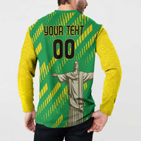 Green and yellow worn button sweatshirt back with YOUR TEXT, 00, and Cristo statue