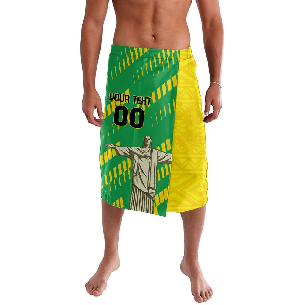 Brazil flag style sarong with green/yellow panels and printed statue, drawstring waist