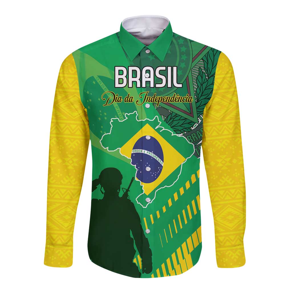 Long-sleeve button shirt with Brazil flag print, Cristo Redentor and Brasil text