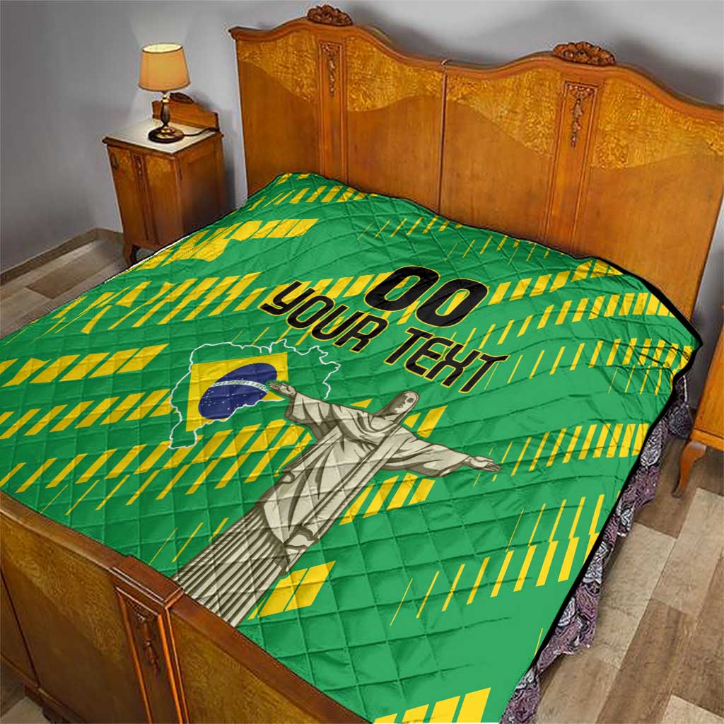 Custom Brazil Independence Day quilt on bed, green with yellow striped rays, blue map and "00 YOUR TEXT"