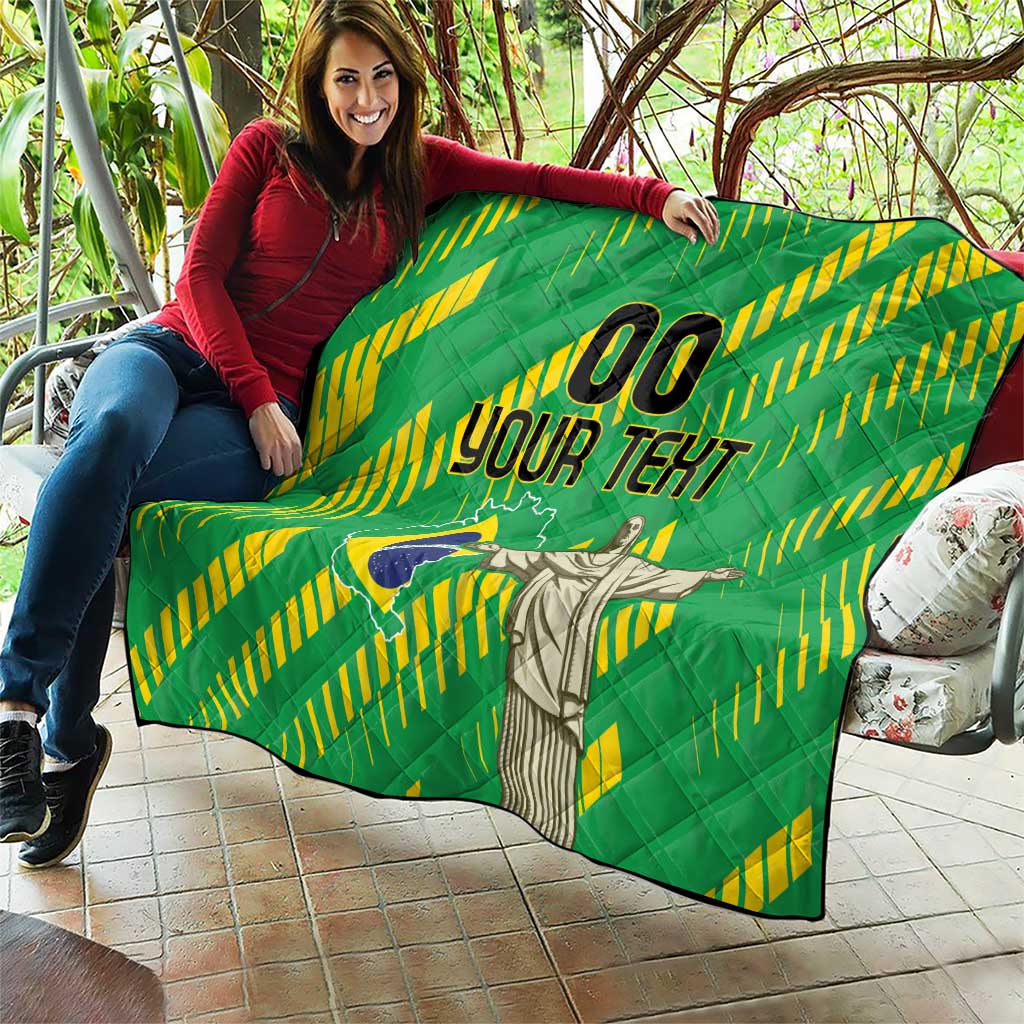 Custom Brazil Independence Day quilt held up, green with yellow stripes, blue Brazil map and "00 YOUR TEXT"