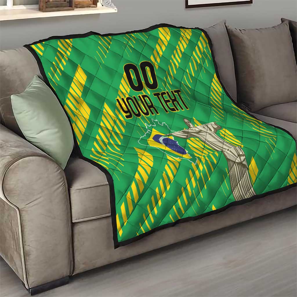 Custom Brazil Independence Day quilt draped on sofa, green with yellow rays and "00 YOUR TEXT"