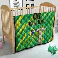 Custom Brazil Independence Day quilt on crib, green with yellow rays, blue Brazil map and "00 YOUR TEXT"