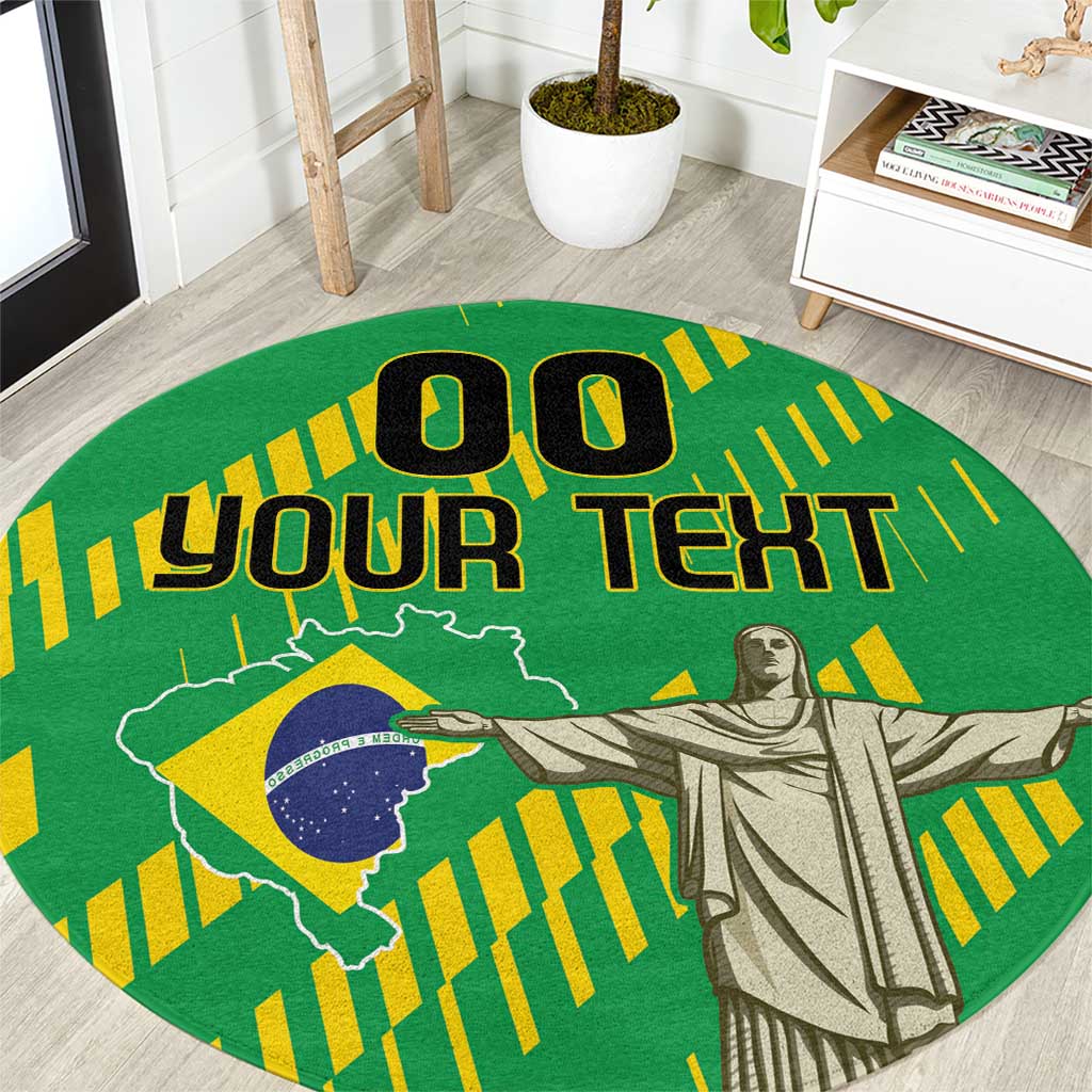 Round green rug with Cristo Redentor, Brazil flag graphic, and "YOUR TEXT".