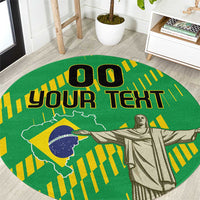 Round green rug with Cristo Redentor, Brazil flag graphic, and "YOUR TEXT".