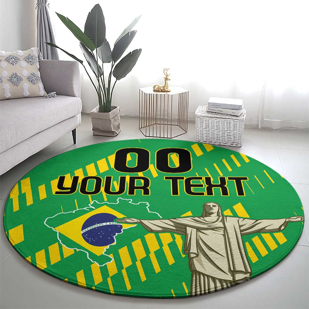 Round green rug with Cristo Redentor statue and "YOUR TEXT" text centered.
