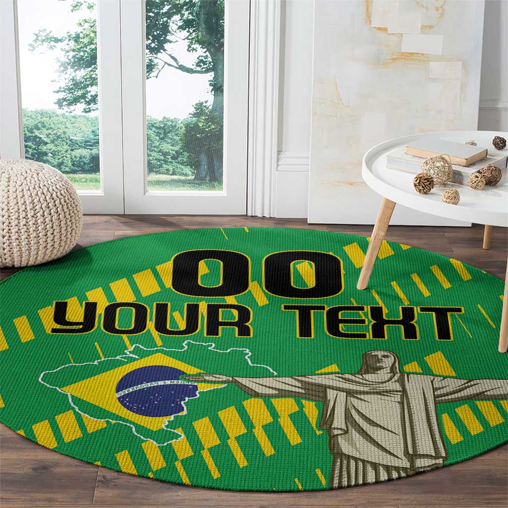 Round green rug featuring Cristo Redentor illustration and "YOUR TEXT" across center.