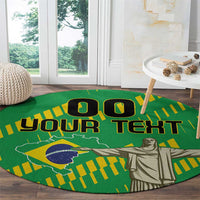 Round green rug featuring Cristo Redentor illustration and "YOUR TEXT" across center.