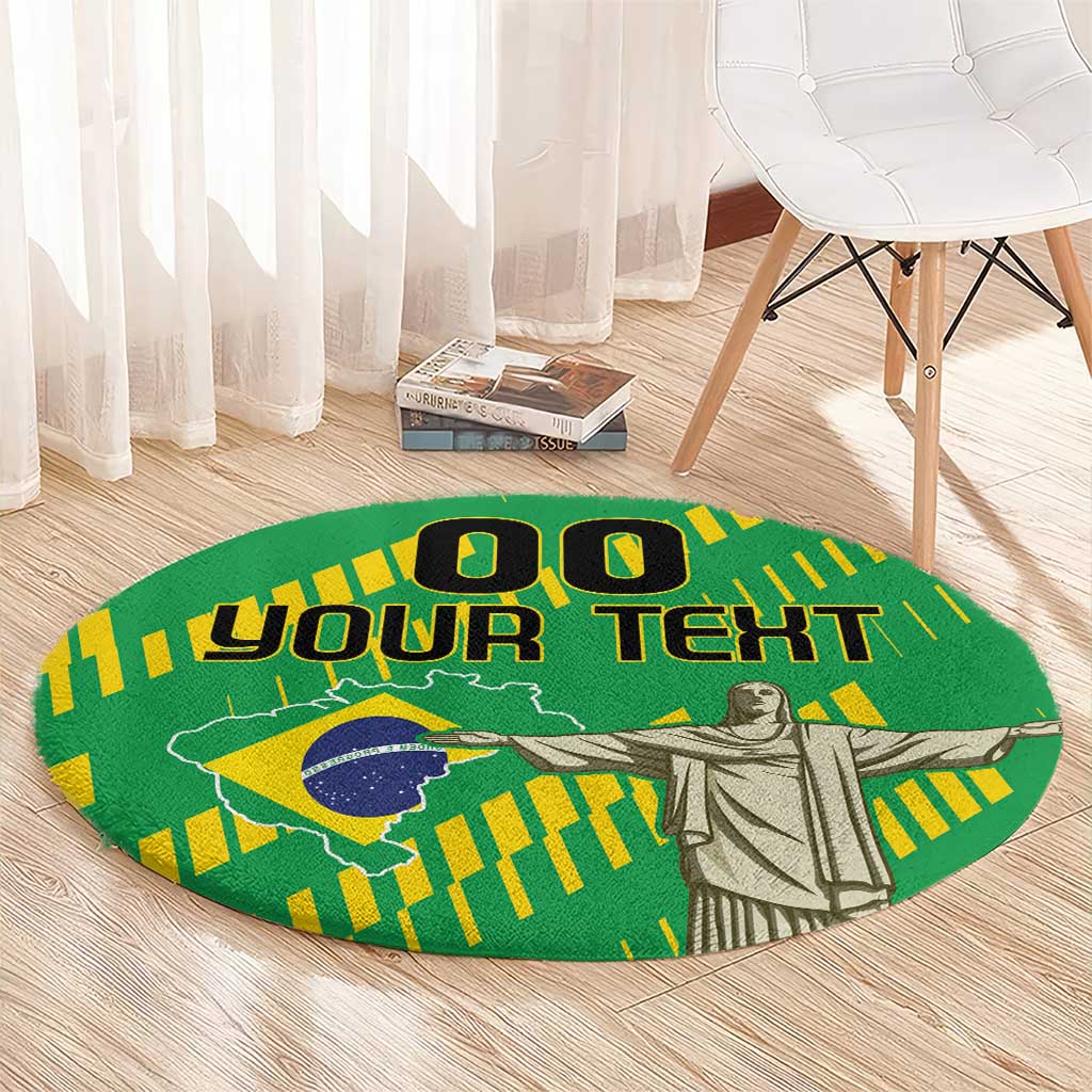 Round green rug with Brazil graphic, Cristo Redentor statue, and "YOUR TEXT" text.