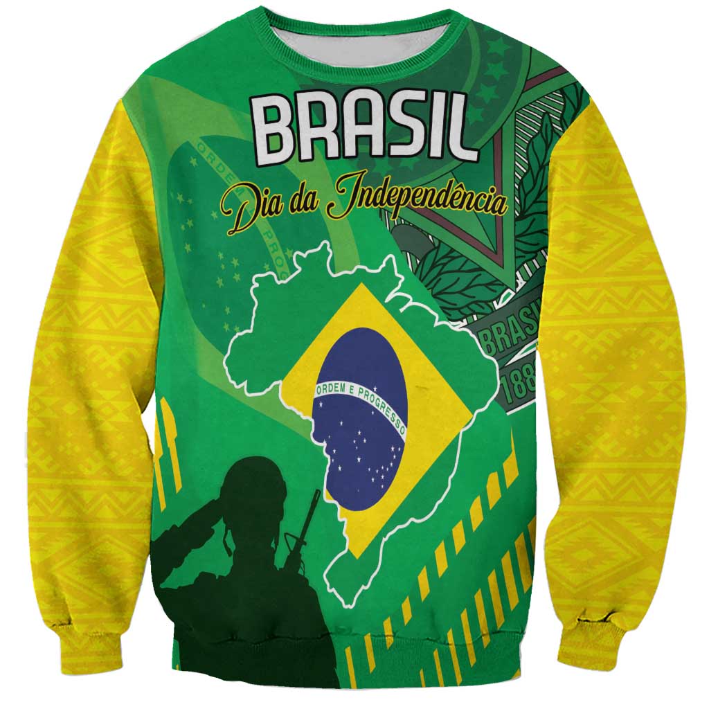 Unisex sweatshirt in green, yellow, and blue with 'BRASIL' and Cristo Redentor graphic