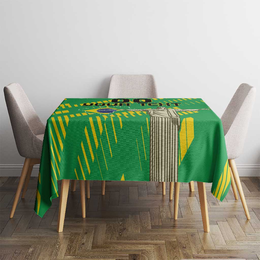 Green tablecloth with Cristo Redentor and yellow stripe pattern for dining table