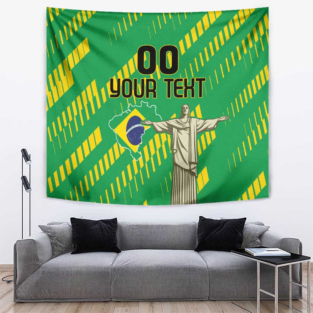 Green independence day tapestry with Jesus statue, Brazil colors, and "YOUR TEXT" text