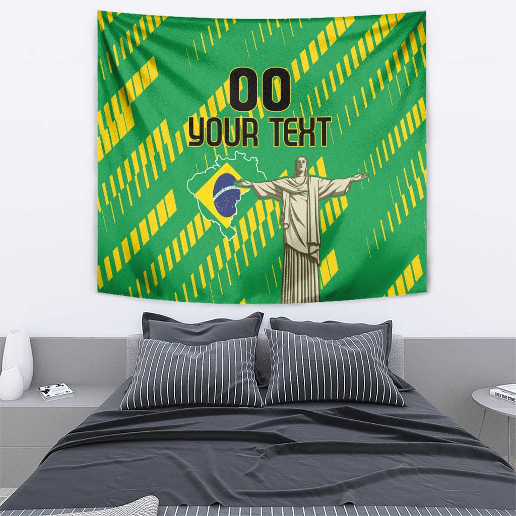 Green flag-style tapestry with Jesus statue, Brazil design, and "YOUR TEXT" text