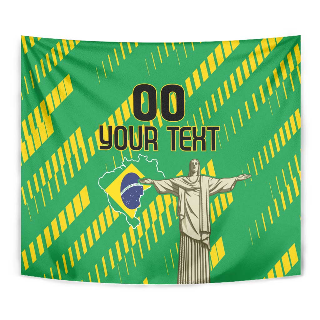 Green tapestry close-up with Jesus statue, Brazil emblem, and "YOUR TEXT" headline