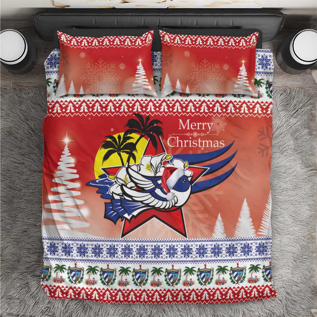 Red Christmas bedding set with blue bird cartoon, palm trees, and “Merry Christmas” text