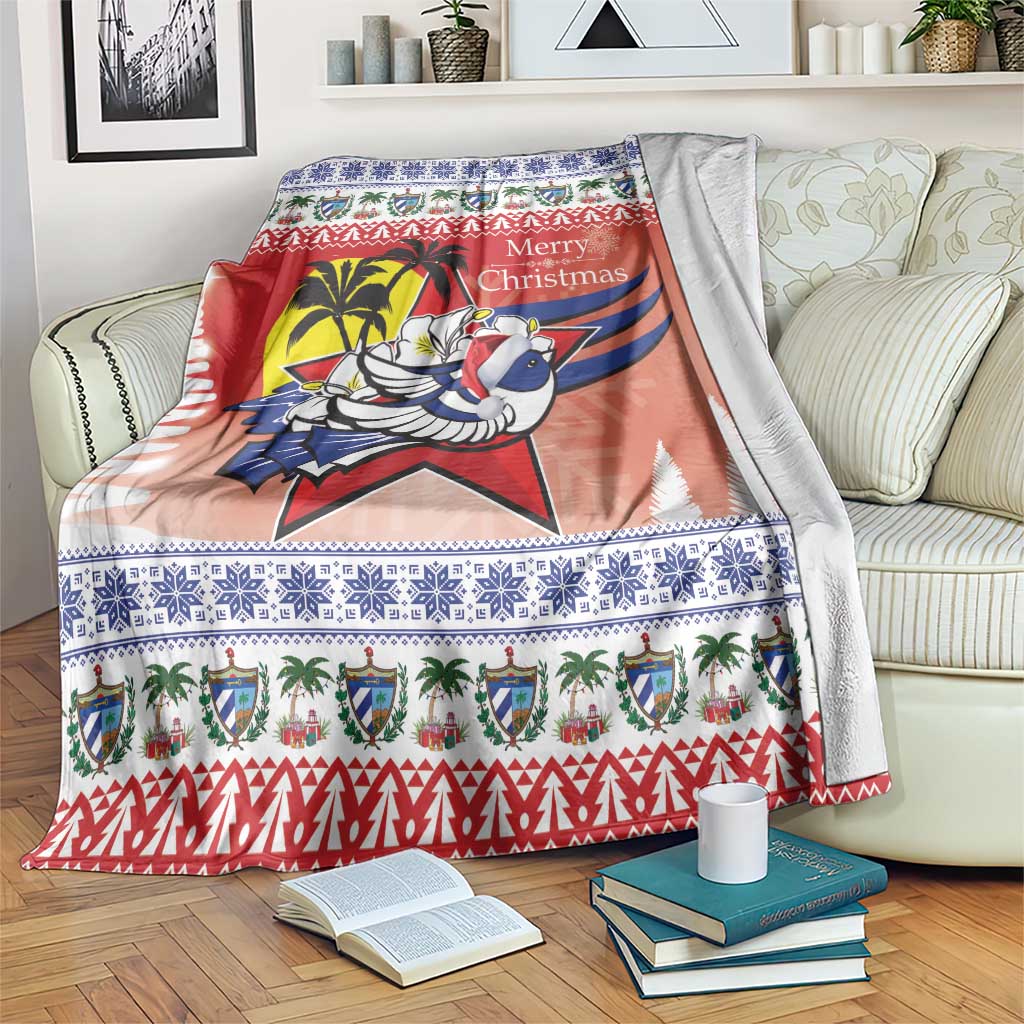 Red Christmas throw blanket with blue and white patterned border and bird graphic