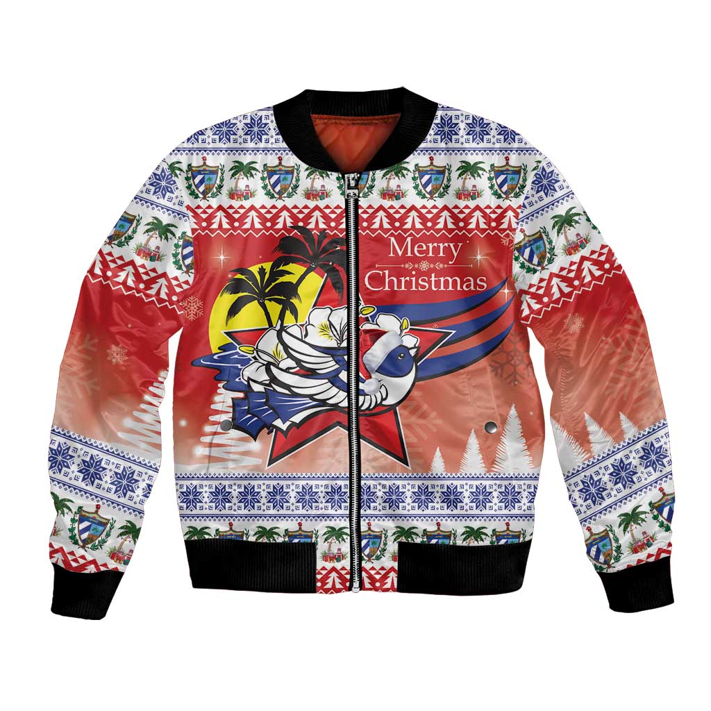 Unisex Christmas bomber jacket with red, blue, and white graphic, full zip, ribbed cuffs