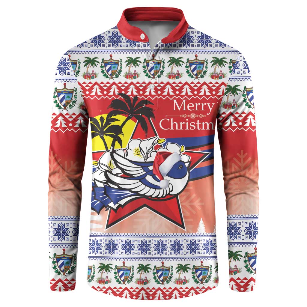 Red and blue Christmas graphic button sweatshirt with crew neck and festive patterns