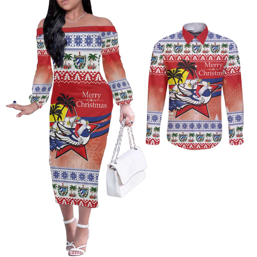 Cuba Cuban Trogon Christmas Couples Matching Off The Shoulder Long Sleeve Dress and Long Sleeve Button Shirt Patria o Muerte Venceremos