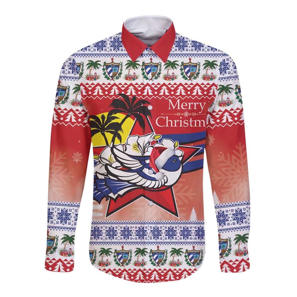 Long sleeve button shirt with red collar, festive holiday print and cartoon character