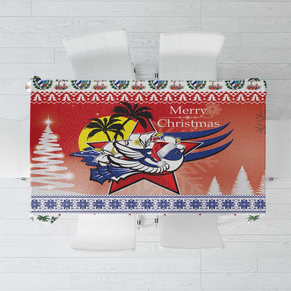 Red Christmas tablecloth with Merry Christmas print, bird and star, blue-white border