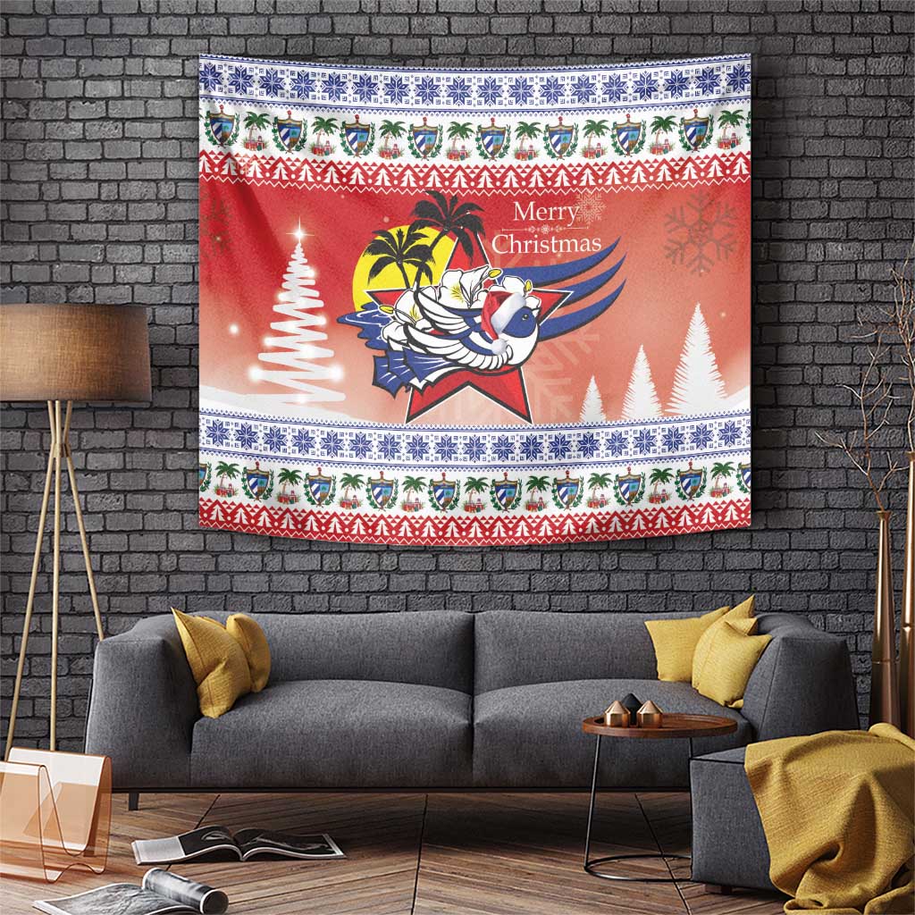 Red Christmas tapestry with cartoon tropical bird, palm trees, and Merry Christmas text border